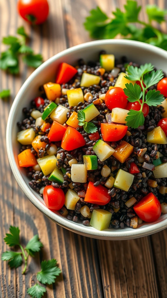 A colorful black quinoa salad with vegetables and fresh herbs in a bowl on a wooden table.